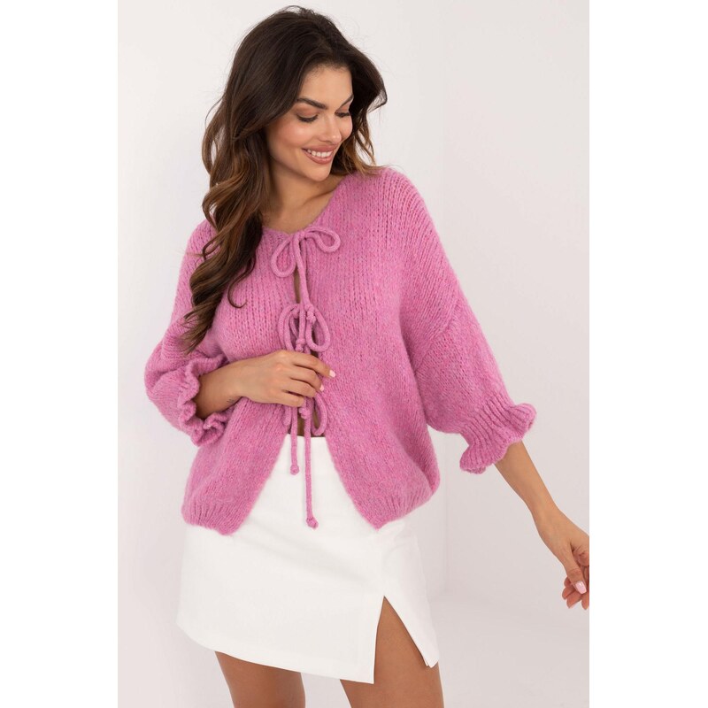 MladaModa Sveter s trojštvrťovým rukávom a viazaním model 91191 ružový 65578898