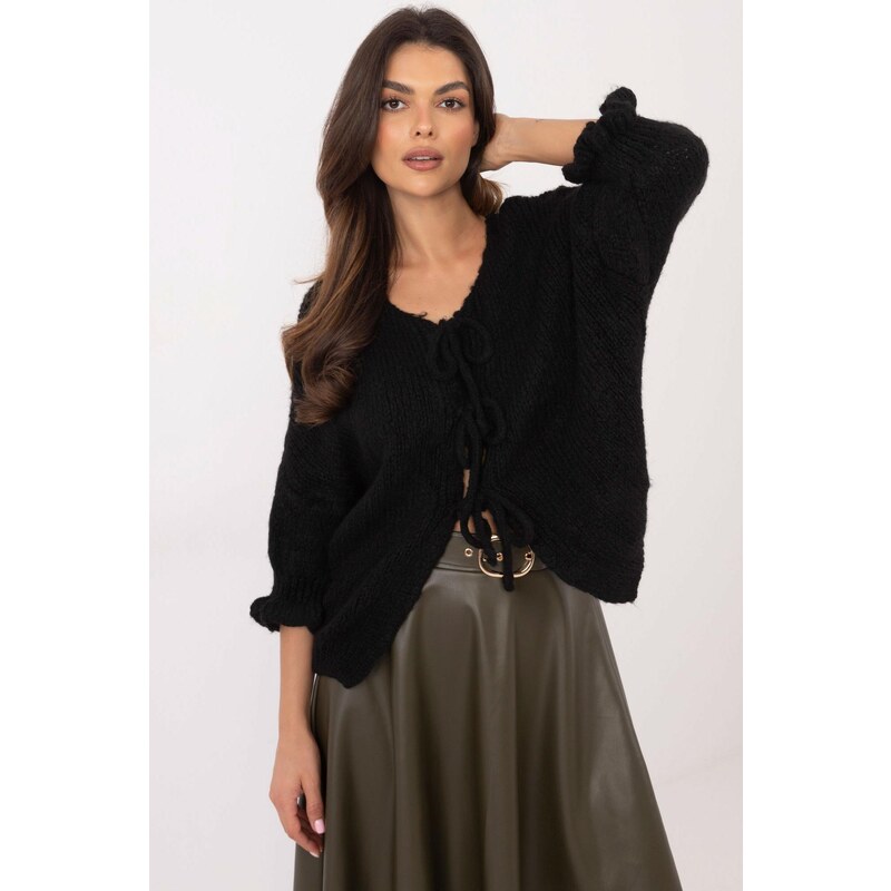 MladaModa Sveter s trojštvrťovým rukávom a viazaním model 91191 čierny 65578900