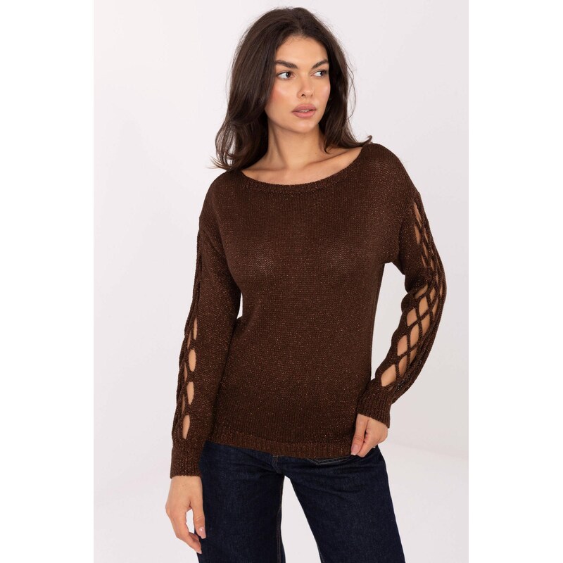 MladaModa Sveter s výrezmi na rukávoch model 60696 hnedý 65578937
