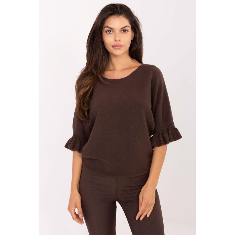 MladaModa Sveter s krátkym volánovým rukávom model 24465 hnedý 65578971