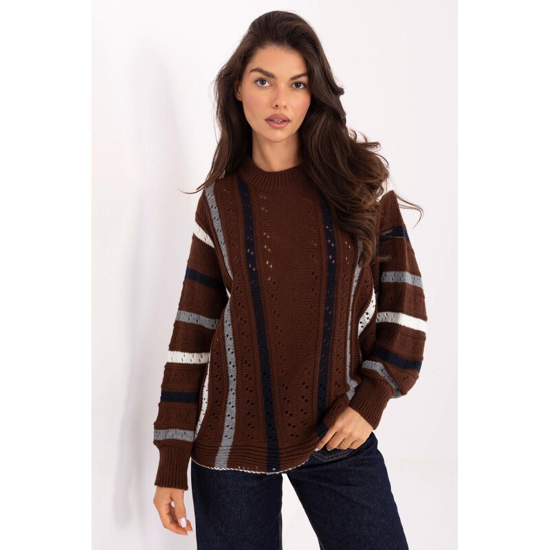 MladaModa Ažúrový oversize sveter model 11513 hnedý 65578982