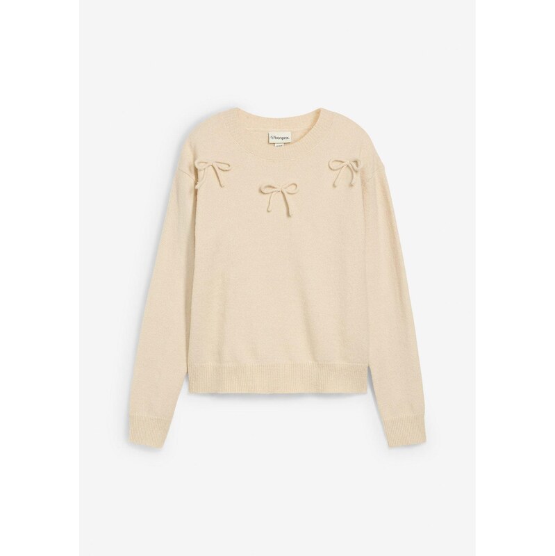 bonprix Pulóver s mašľami, farba béžová 65590036