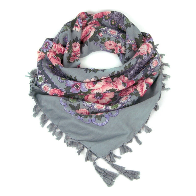 ArtOfPolo Folková šatka s kvetmi 100cm Šedá 65222209