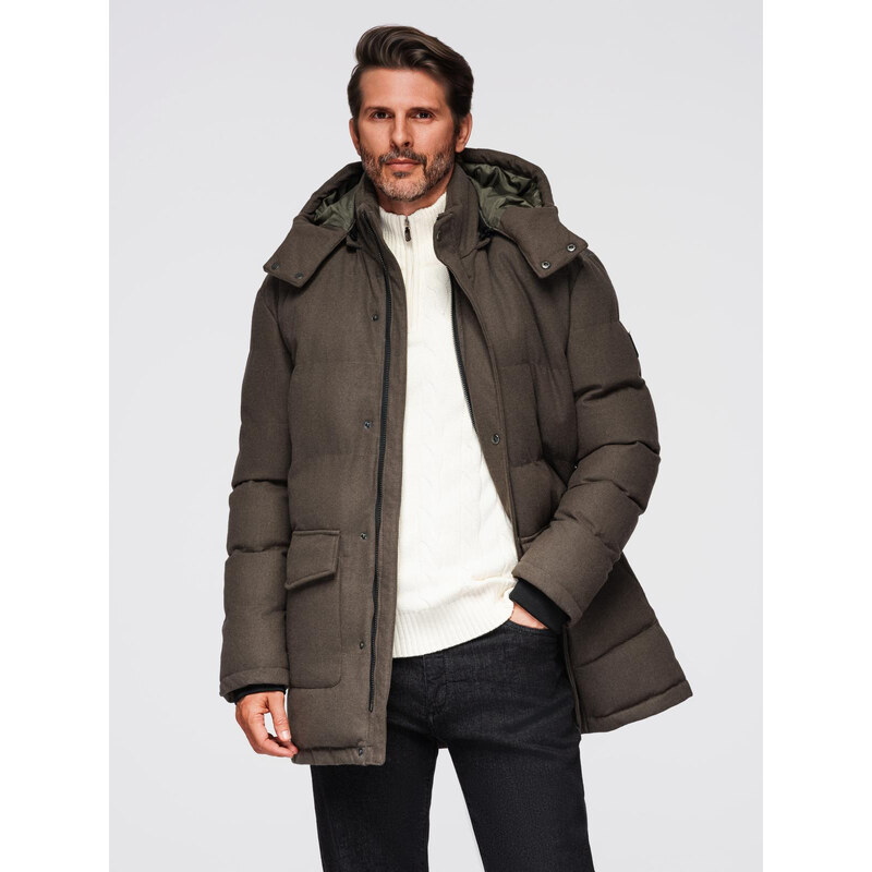 Ombre Mens long warm parka jacket with wool - dark grey melange 64784891