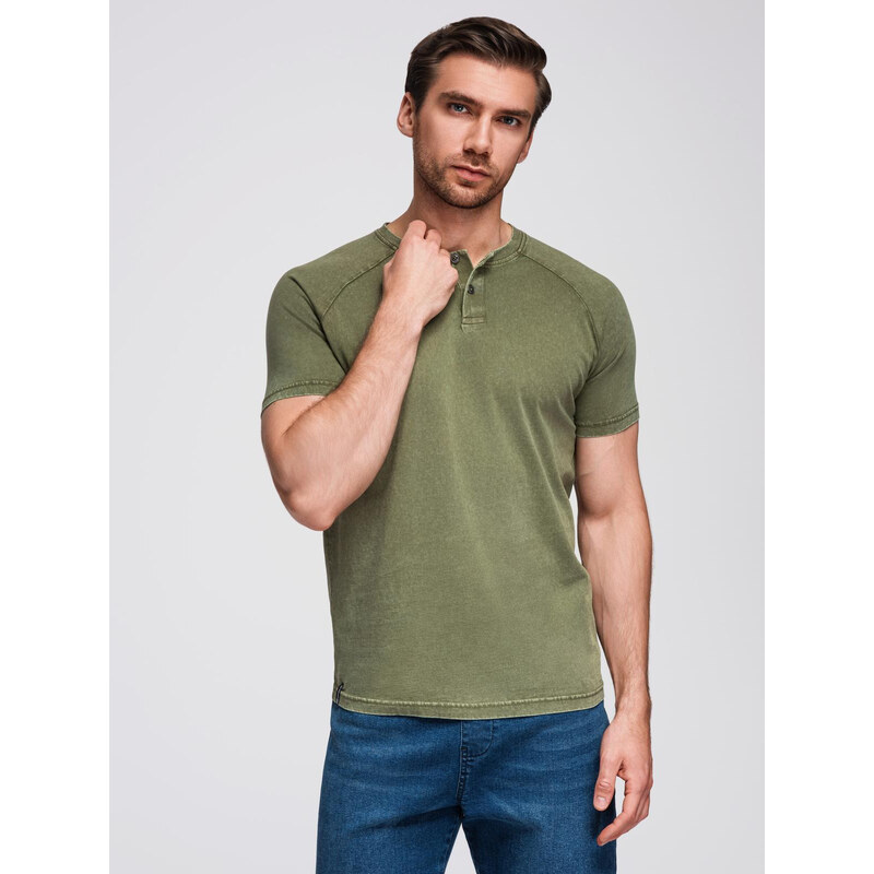 Ombre Mens t-shirt with wash effect and buttons at neckline - olive 65629110