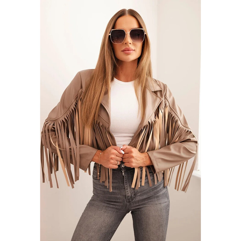 Kesi Béžová dámska koženková bunda so strapcami 65618618