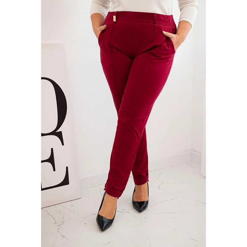 K-Fashion Dámske bavlnené nohavice s elastickým pásom v bordovej farbe 65850432