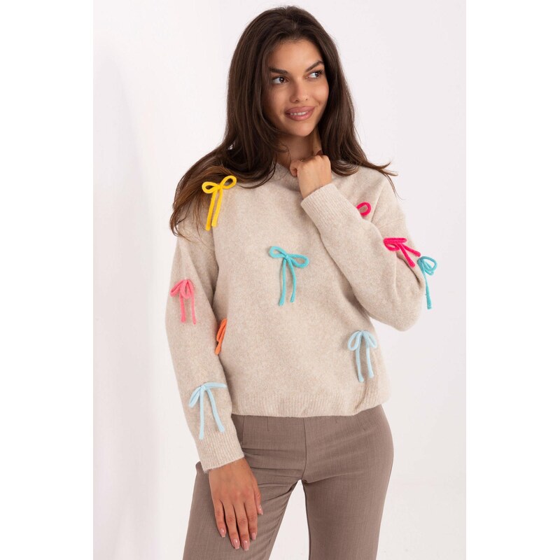 MladaModa Sveter s farebnými mašličkami model 8241 svetlý béžový 65626357