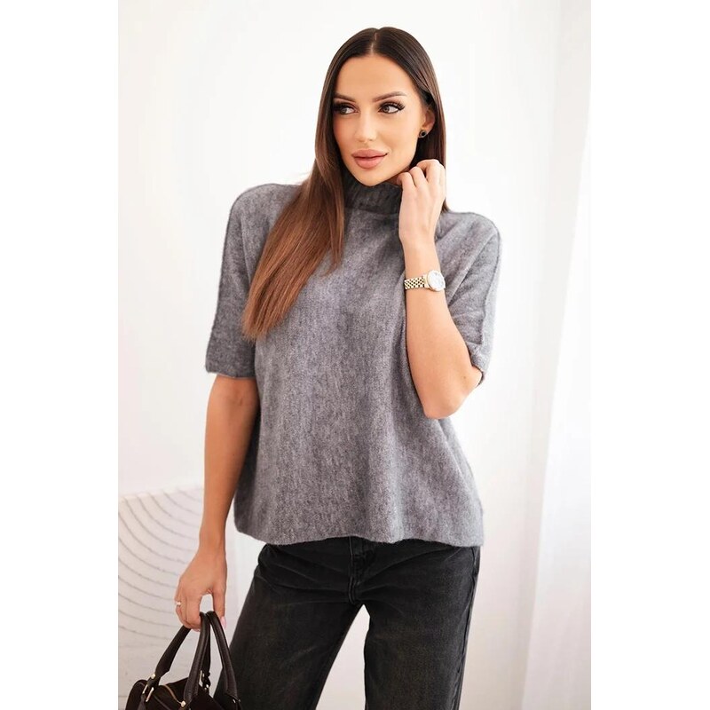 MladaModa Voľný rolákový sveter s krátkym rukávom model IT102 šedý 65626425