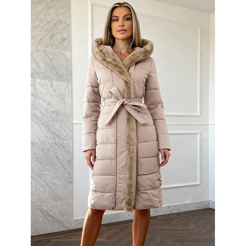 Due Linee Dámská béžová zimní bunda s vegan fur lemováním 65628077