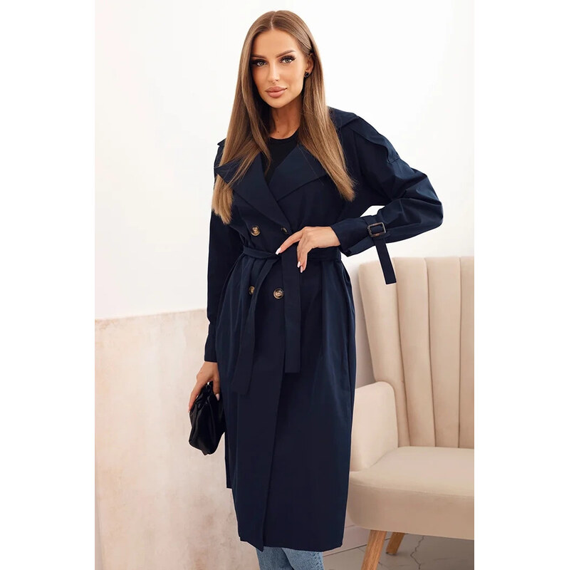 K-Fashion Dámsky kabát do pása s viazaním a golierom granátovej farby 66084978