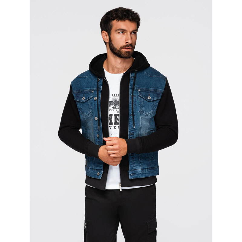 Ombre Mens denim jacket with knitted sleeves and hood - blue and black 65960362