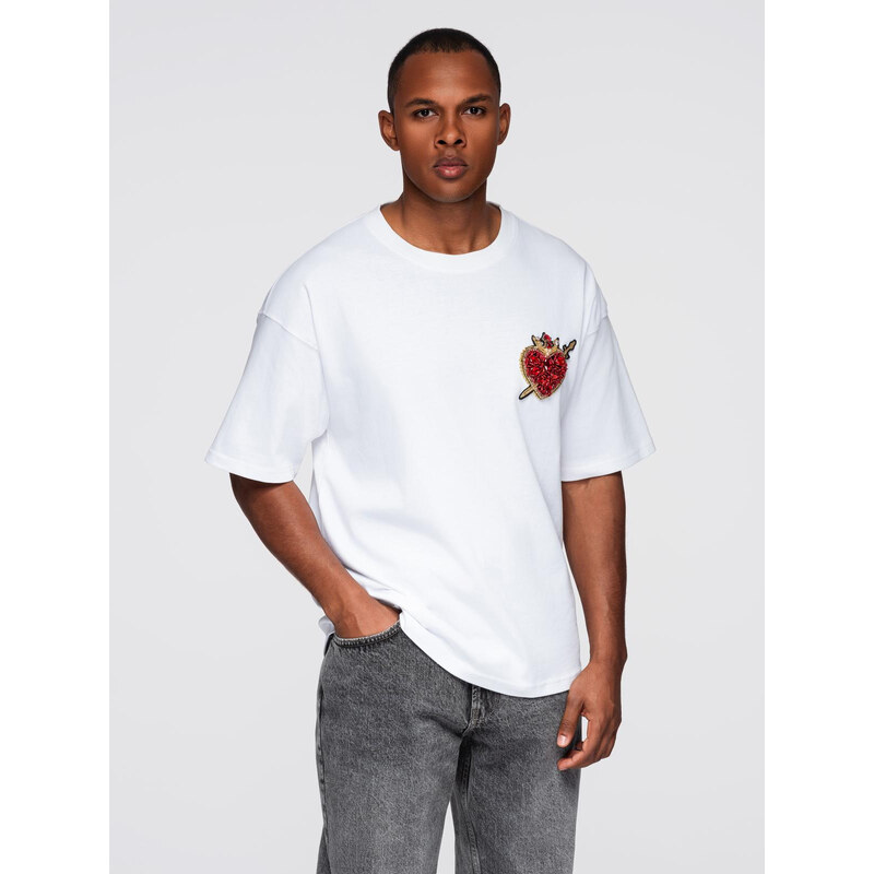 Ombre Mens cotton t-shirt with jewelry applique on chest - off white 65688455