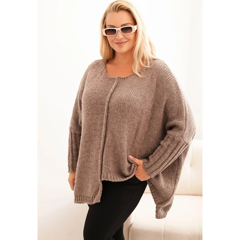 Kesi Svetlohnedý dámsky asymetrický plus size pletený sveter 65675017