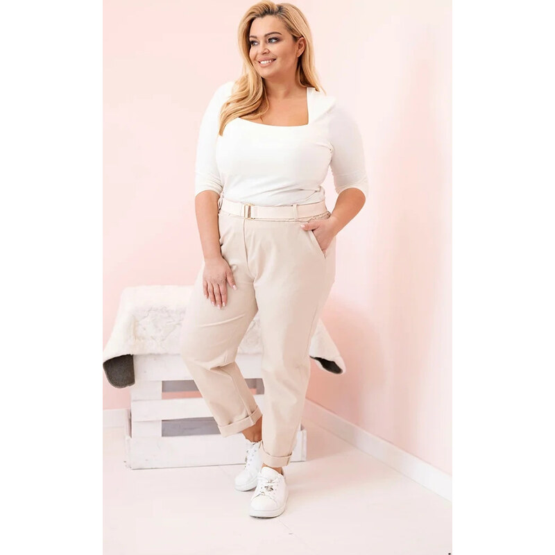 Kesi Svetlobéžové dámske bavlnené plus size nohavice s pásikom 65675074