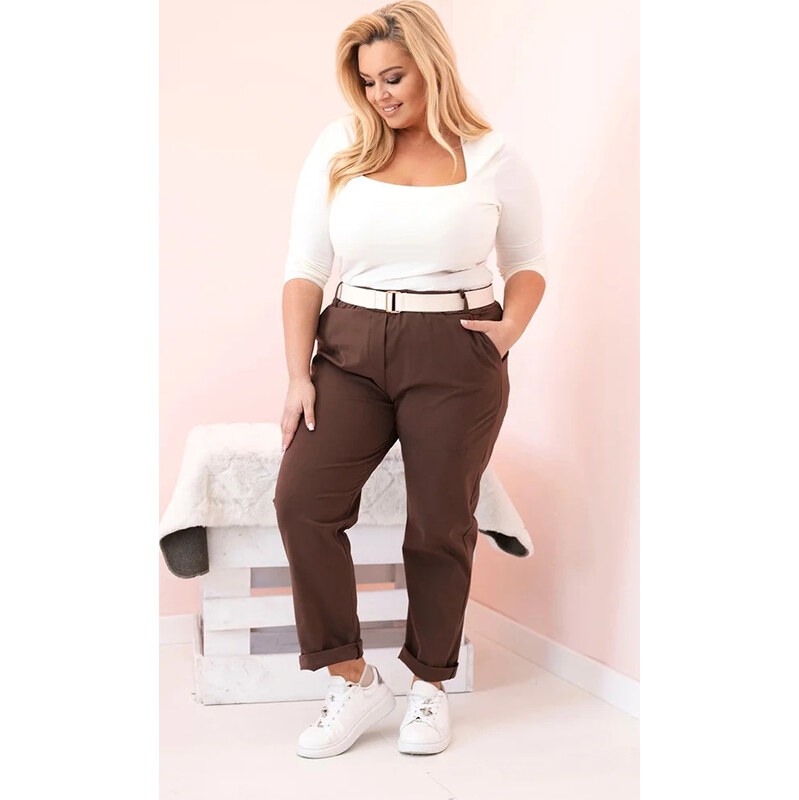 Kesi Hnedé dámske bavlnené plus size nohavice s pásikom 65675076