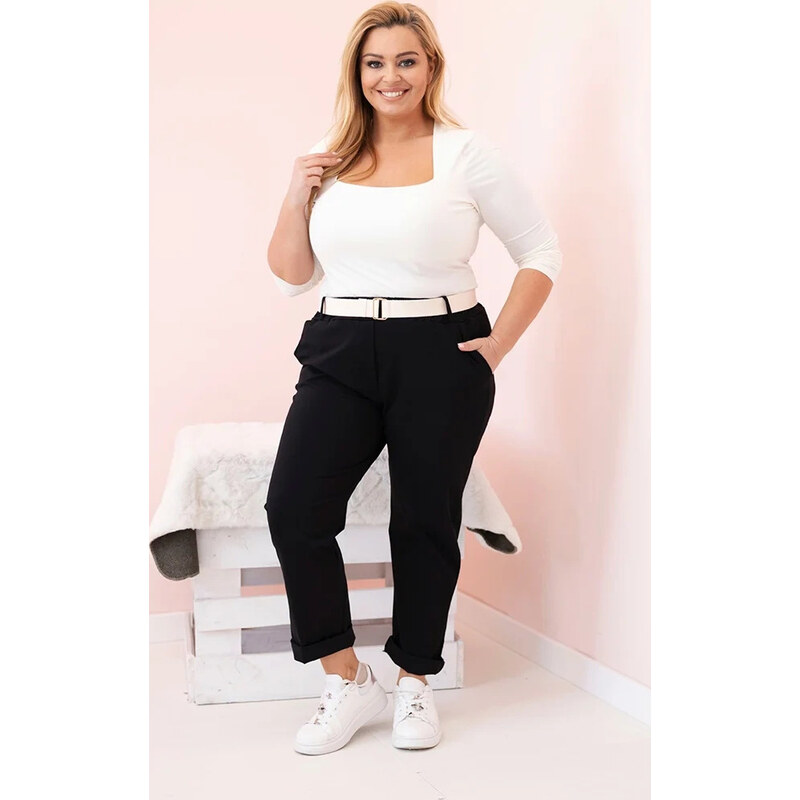 Kesi Włoski Čierne dámske bavlnené plus size nohavice s pásikom 65675078