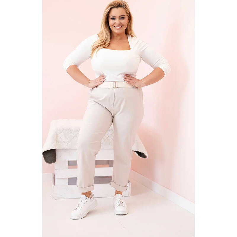 Kesi Smotanové dámske bavlnené plus size nohavice s pásikom 65675079