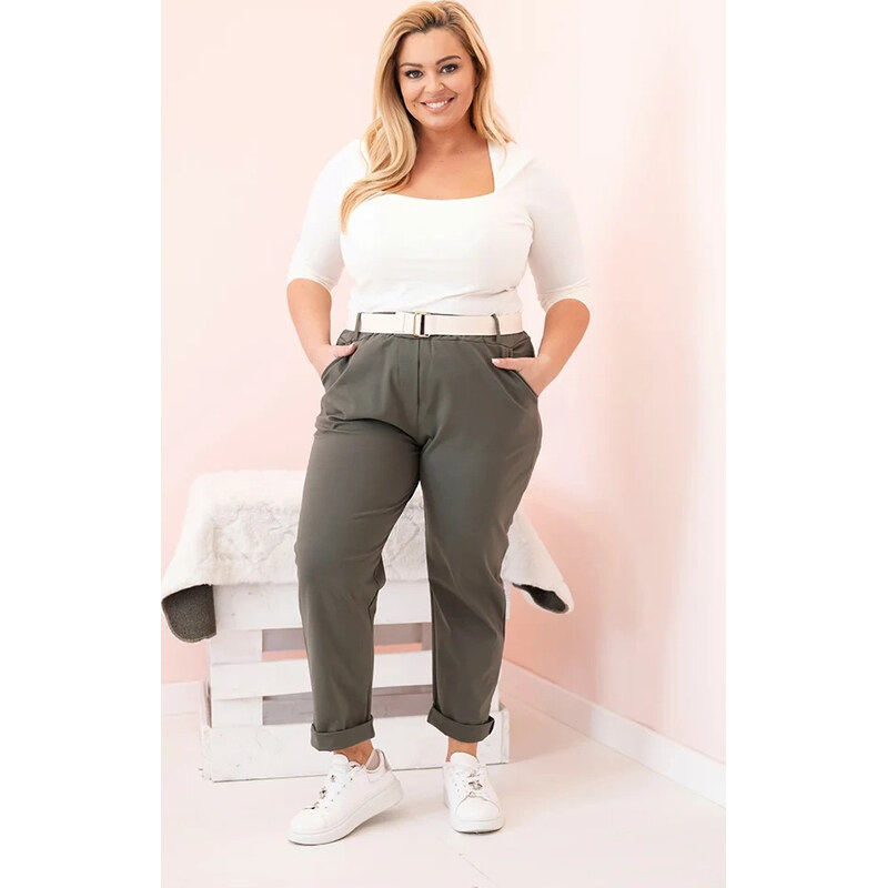 Kesi Khaki dámske bavlnené plus size nohavice s pásikom 66169634