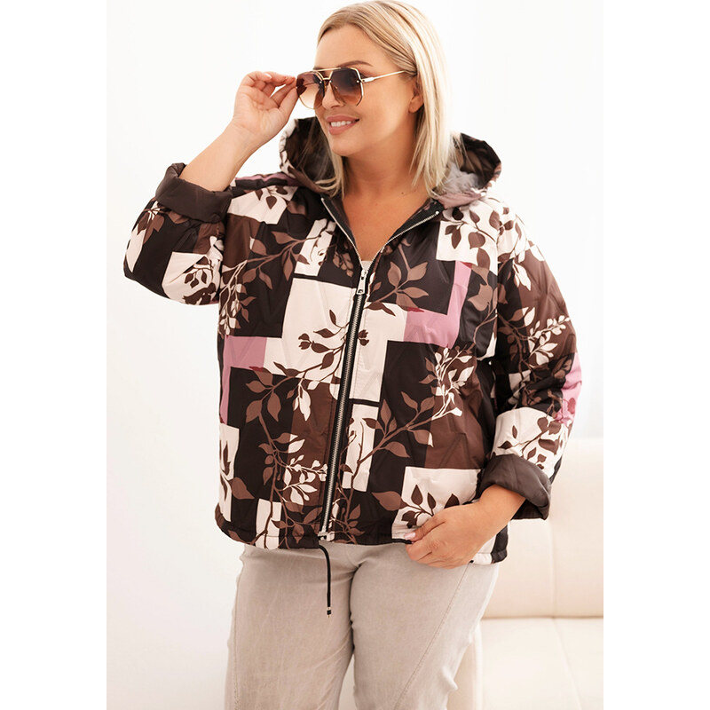 Kesi Plus size dámska hnedá asymetrická prešívaná bunda s potlačou 65675091
