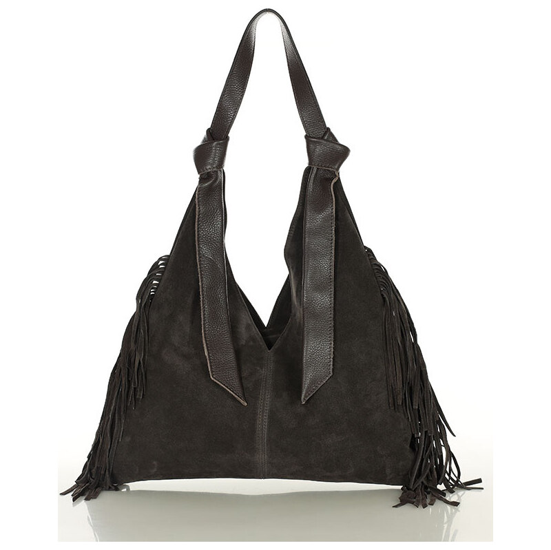 MARCO MAZZINI Tmavo hnedá semišová shopper kabelka so strapcami (s290c 65691220