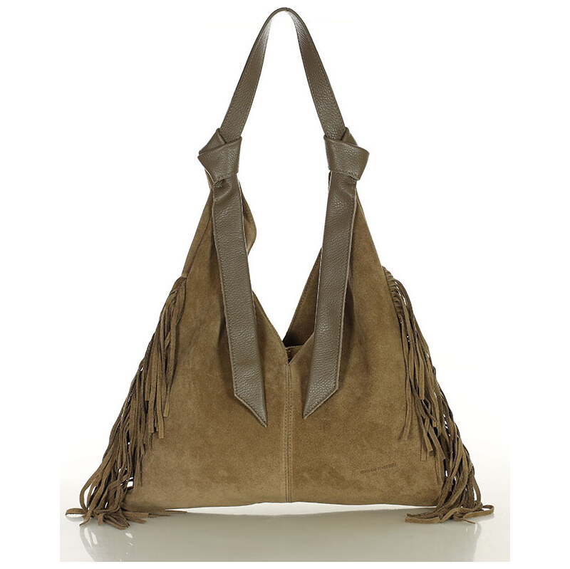 MARCO MAZZINI Béžová taupe semišová shopper kabelka so strapcami 65691221