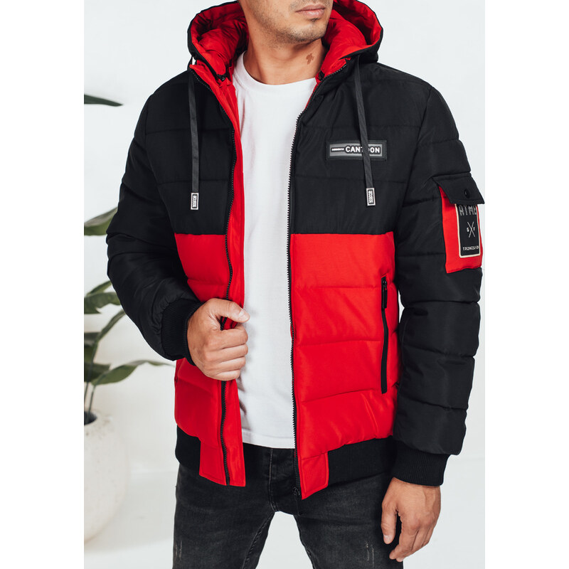 BASIC Čierno-červená pánska zimná prešívaná bunda s kapucňou TX5052 65691256