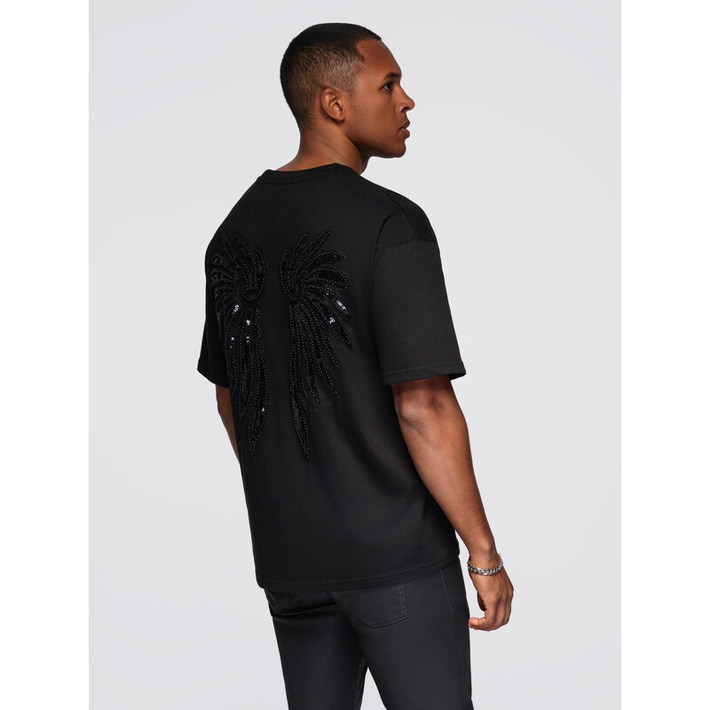 Ombre Mens cotton T-shirt with sequin wing motif on back - black 65715417
