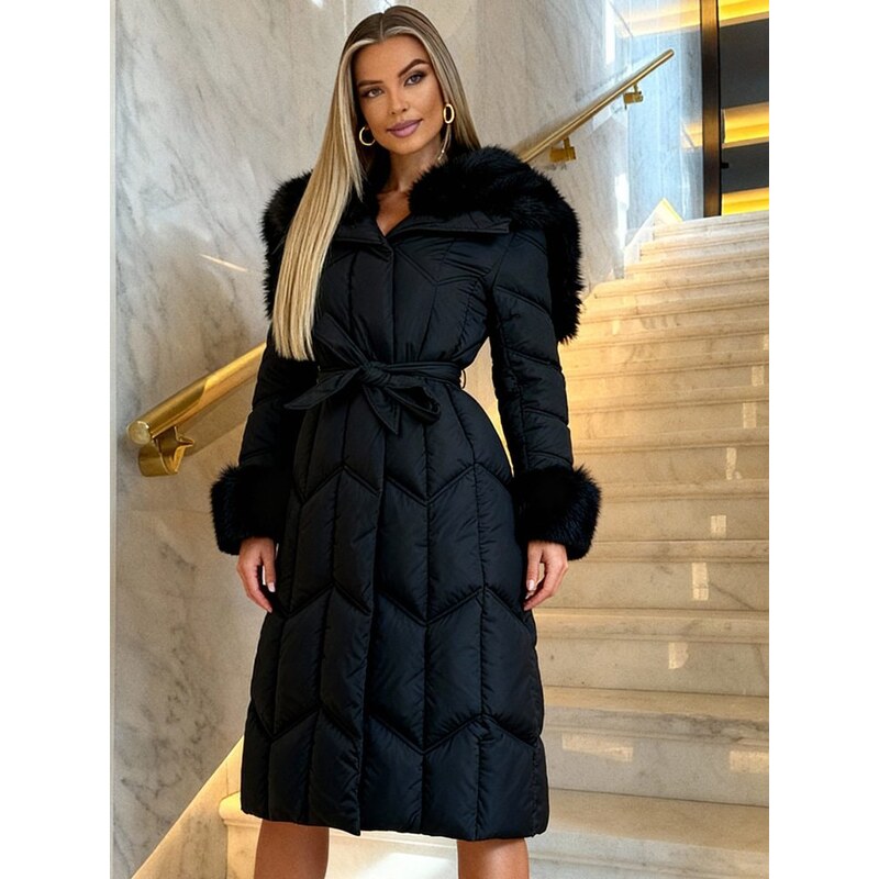 Due Linee Černá dámská zimní bunda s vázáním 65628078