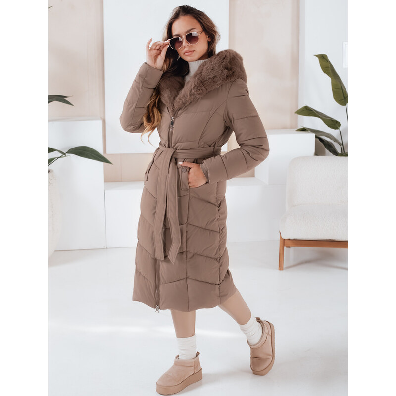BASIC Béžový dámsky zimný prešívaný kabát s výrazným kožušinovým 65729815