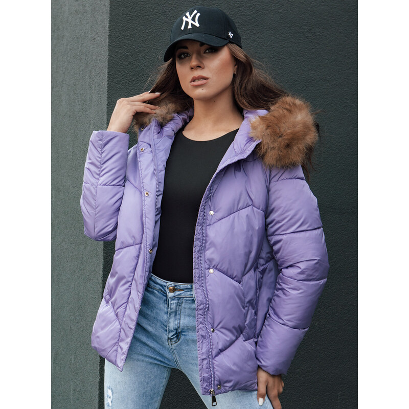 BASIC Svetlofialová dámska prešívaná bunda s kožušinou na kapucni 65729833