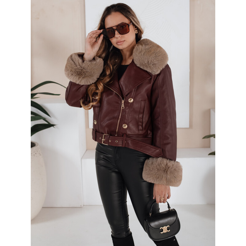 BASIC Vínová dámska koženková bunda s kožúškom TY5208 65729856
