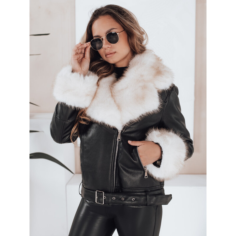 BASIC Čierna dámska koženková bunda s kožušinou a pásikom TY5122 65729860