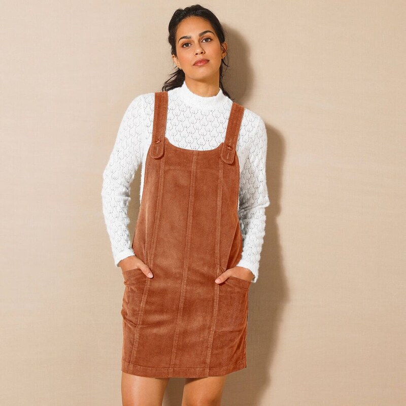 Rozšírené menčestrové šaty s trakmi karamelová 054 Blancheporte 65730152