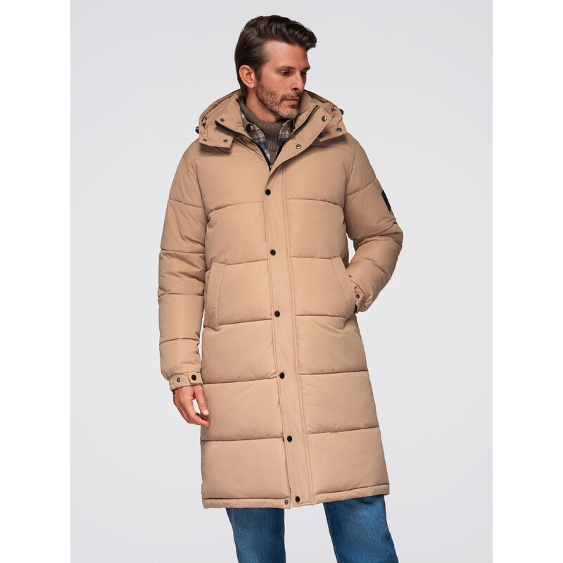 Ombre Mens quilted long jacket with detachable hood - beige 64782462
