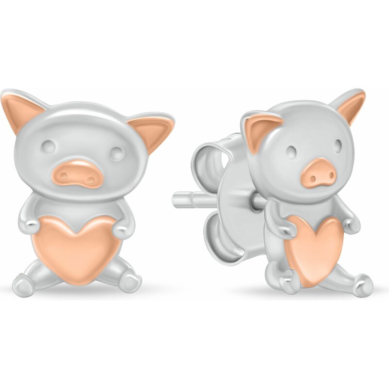 Brilio Silver Roztomilé strieborné náušnice Prasiatko so srdcom 66595053