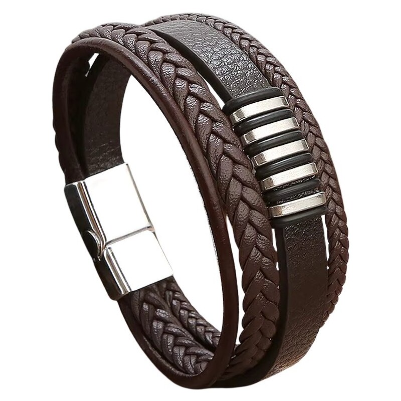 Pánsky hnedý kožený náramok s kovovými prvkami 65764965