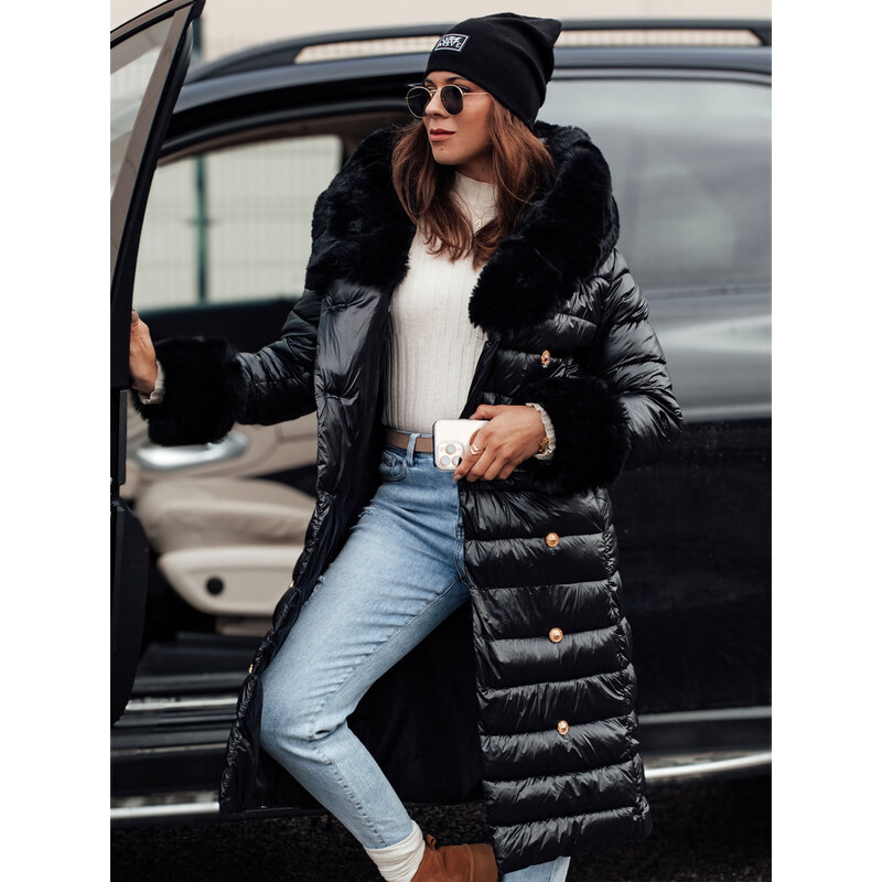 BASIC Čierny dámsky zimný prešívaný kabát HORIZON s kožušinou TY4749 65768632