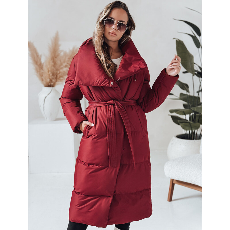 BASIC Vínový dlhý dámsky prešívaný kabát s pásikom FAVI TY4961 65768664