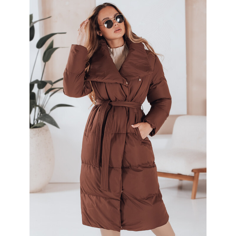 BASIC Hnedý dlhý dámsky prešívaný kabát s pásikom FAVI TY4962 65768665