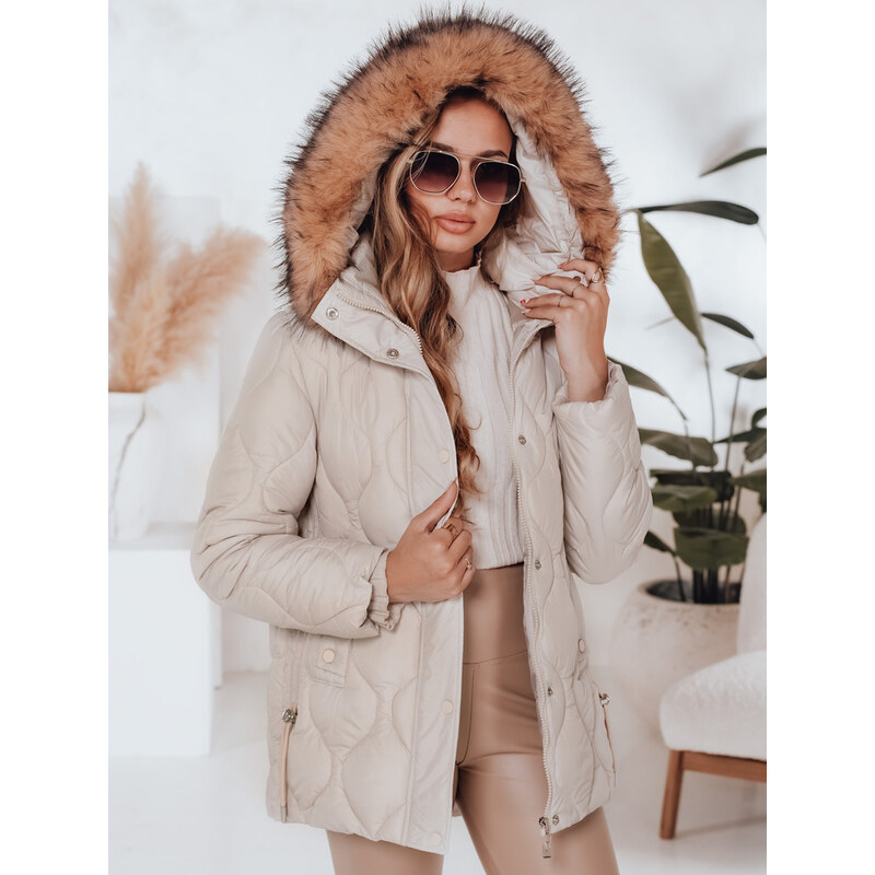 BASIC Dámska zimná svetlobéžová prešívaná bunda LUMORE s kapucňou 65768695