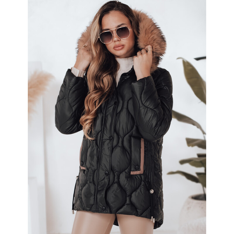 BASIC Dámska zimná čierno-hnedá prešívaná bunda LUMORE s kapucňou 65768696