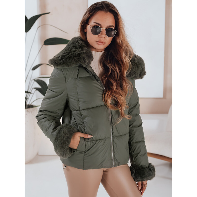 BASIC Khaki dámska štýlová prešívaná bunda s ozdobnou kožušinou TY5068 65768710