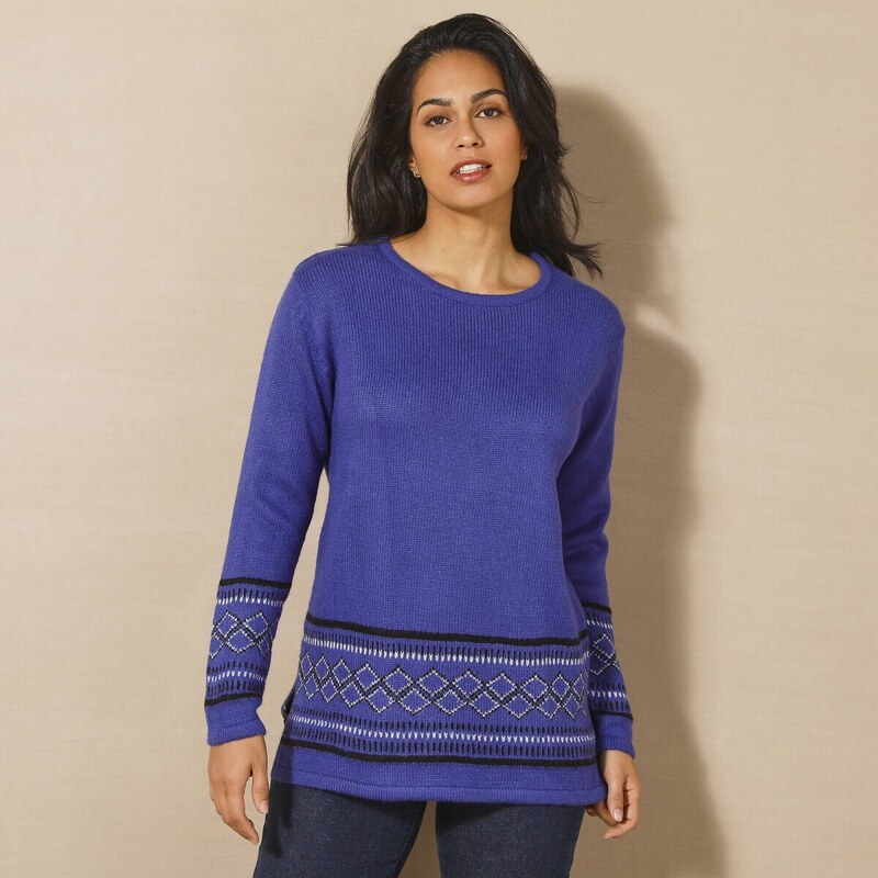 Dlhý pulóver s etno vzorom svetlomodrá 044 Blancheporte 58509314