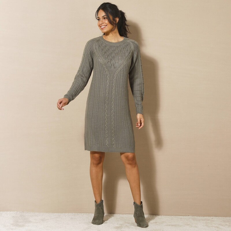 Pulóvrové šaty s vrkočovým vzorom khaki 052 Blancheporte 59534394