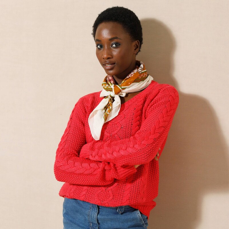 Pulóver s okrúhlym výstrihom a vrkočovým vzorom červená 048 56607587