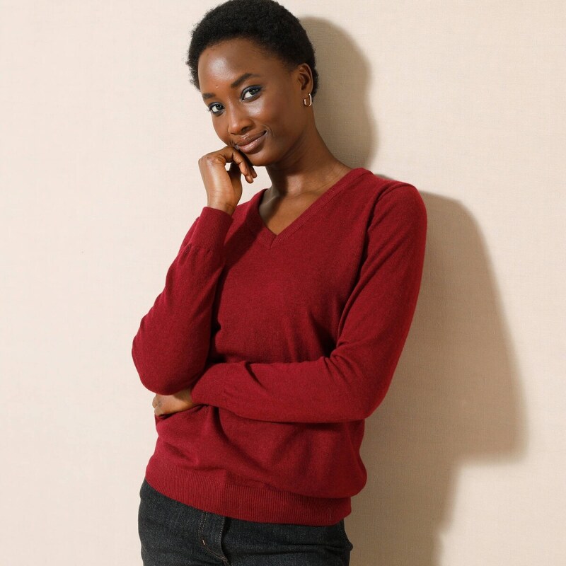 Pulóver s výstrihom do V a vlnou bordó 036 Blancheporte 56607708