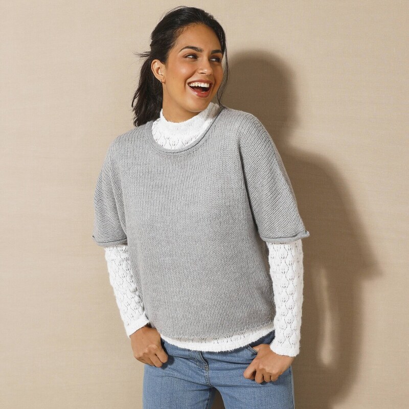 Pulóver so skrátenými rukávmi sivý melír 036 Blancheporte 58509292