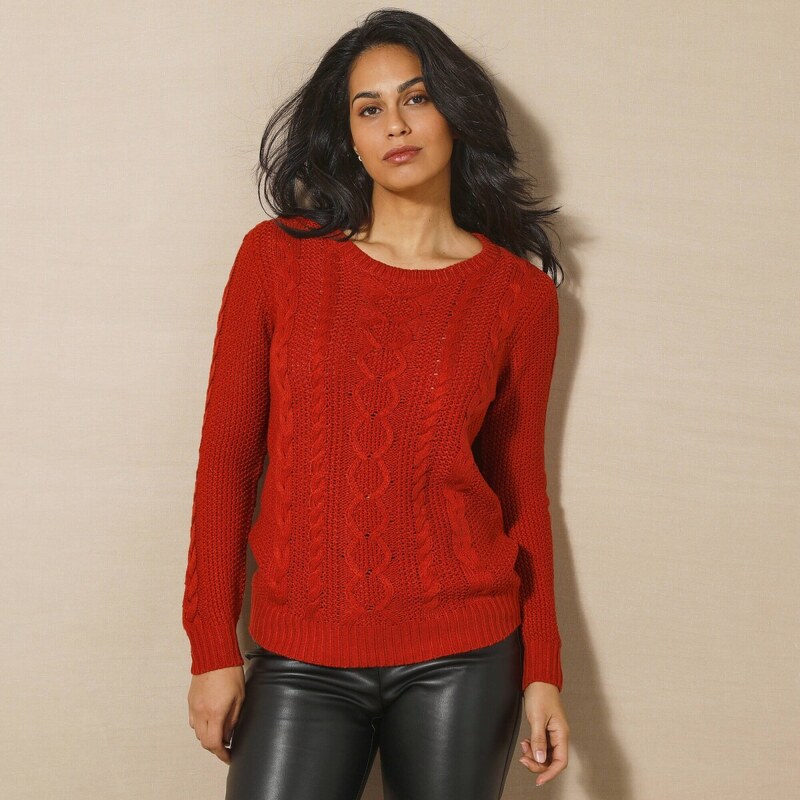 Pulóver s okrúhlym výstrihom a vrkočovým vzorom papriková 036 59075472