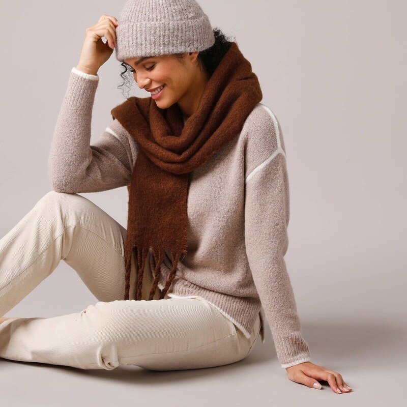 Rozšírený pulóver s kontrastným lemom béžový melír 036 Blancheporte 58509323